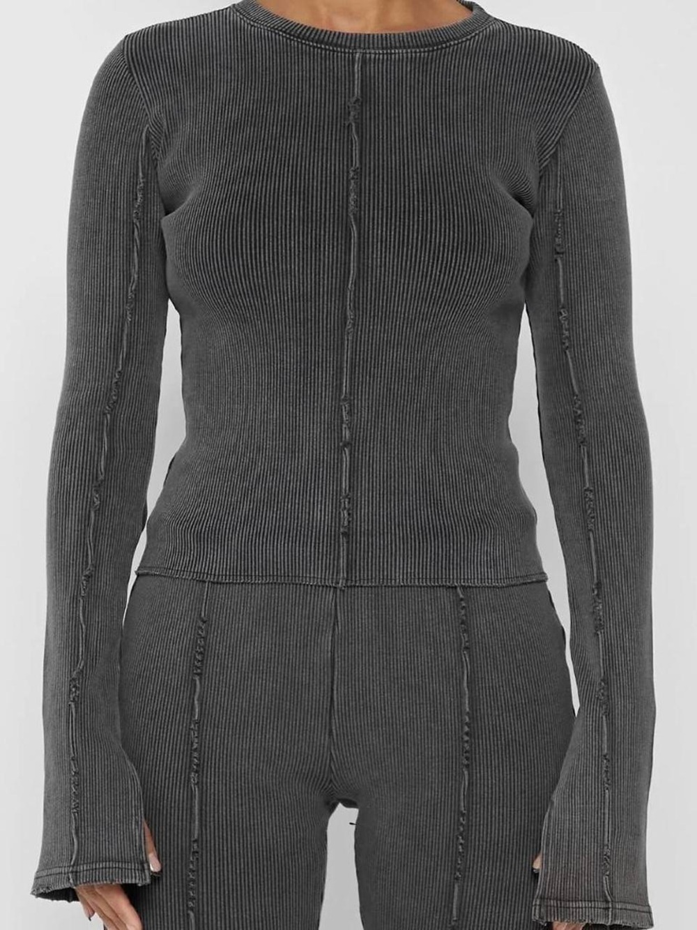 Maniere de Voir Ribbed Slim Fit Top Blouse/Shirt Gray Distressed Asymmetric S-M